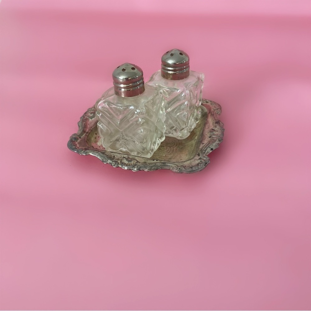 Vintage 60s salt and pepper glass miniature crystal shakers set pewter tray